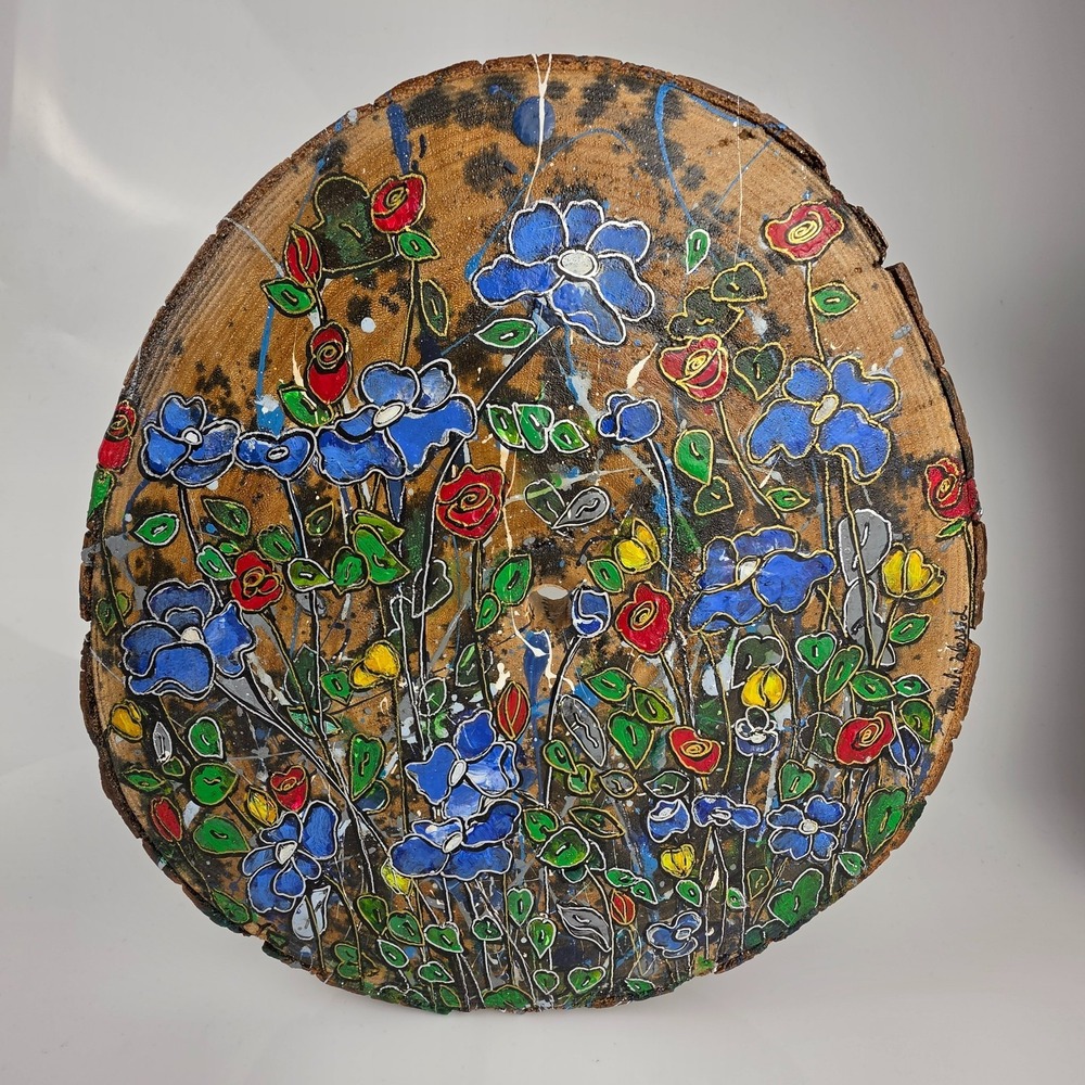 Tamela Blessed Wagner Signed Wood Slice Wildflower Folk Art Painting - Picture 1 of 8